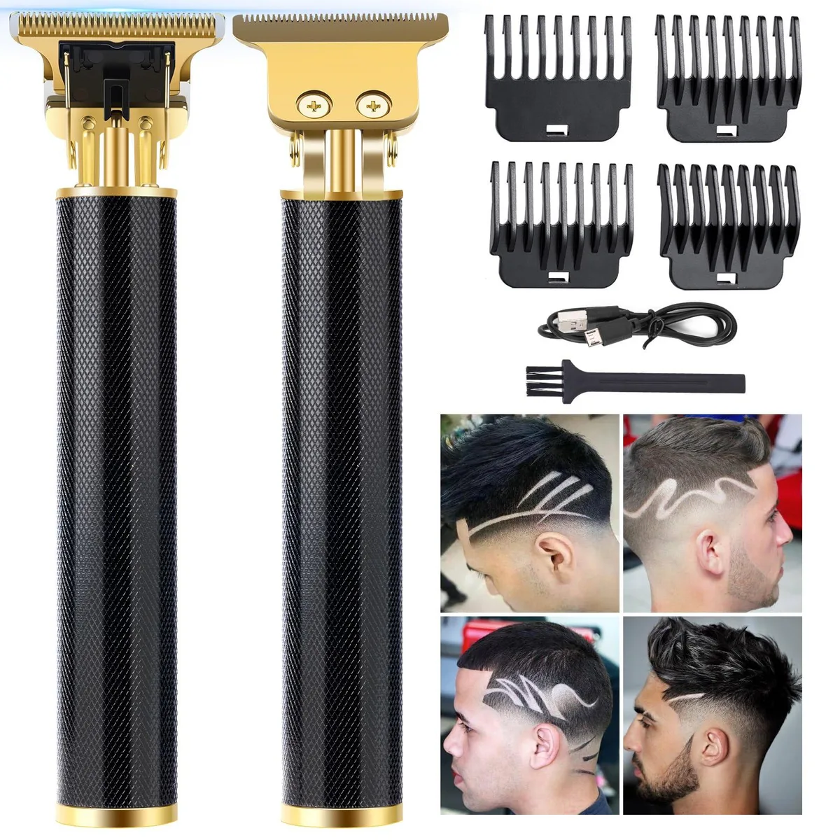 Black cordless beard trimmer with T-blade, LCD screen and four comb attachments
