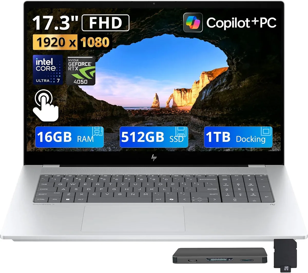 HP HP OmniBook X 17.3" Touchscreen Business Laptop Intel Core Ultra 7 256V 16GB DDR5 1.5TB RTX 4050 Silver — product photo