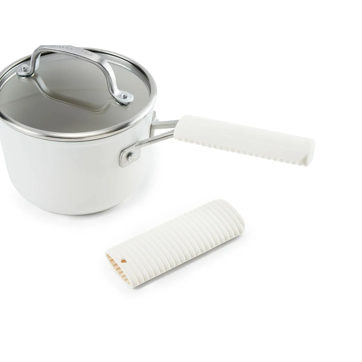 Two white ribbed silicone handle covers, matte finish, different lengths