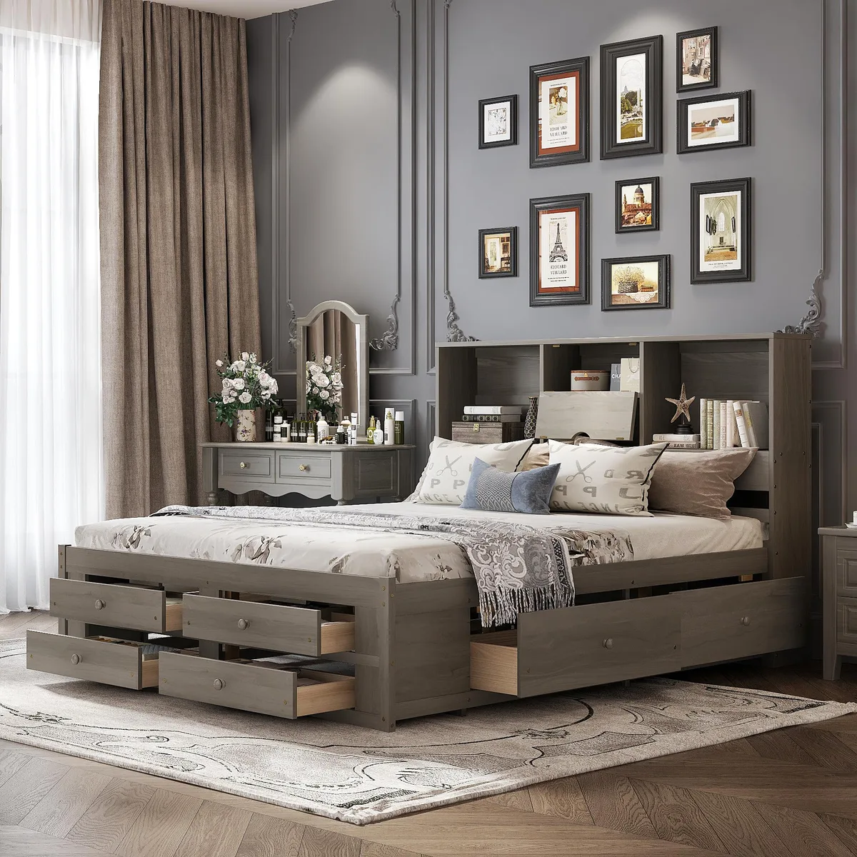 tuphen tuphen King Size Platform Bed with Storage Headboard 8 Drawers Gray — product photo