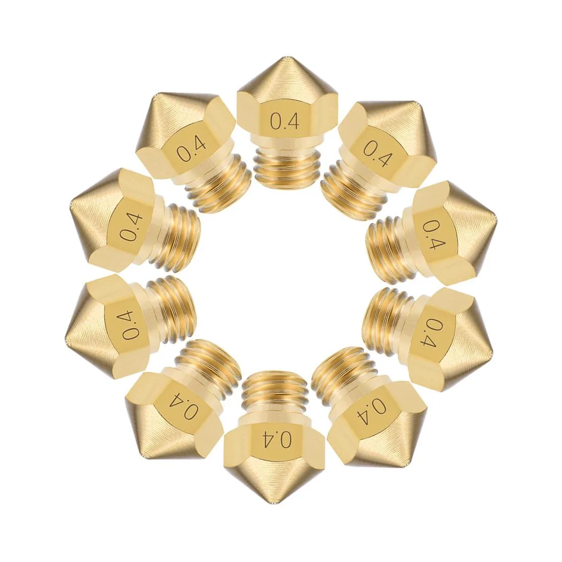 Ten brass M7 nozzles with size markings, 13 by 9 mm