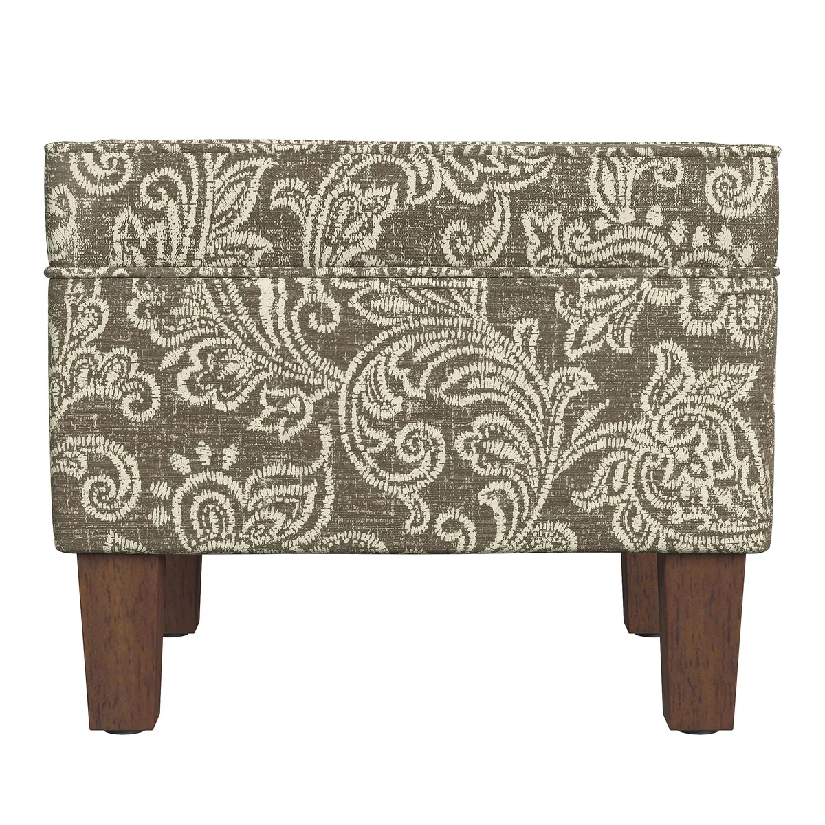 Rectangular storage ottoman in brown jacobean print fabric with hinged lid and tapered wood legs
