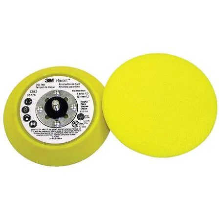 Yellow 5-inch Hookit disc pad with 3/4-inch center hole, tapered edge, medium-density foam backing