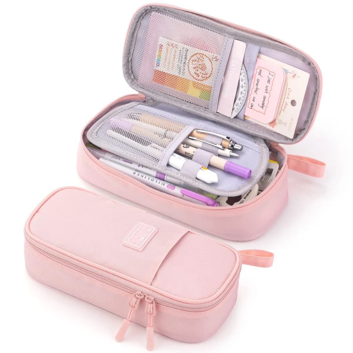 Pink polyester pencil pouch with front pocket, flap mesh pockets, elastic straps, card slots, carry handle, 9.06x4.33x2.56 in