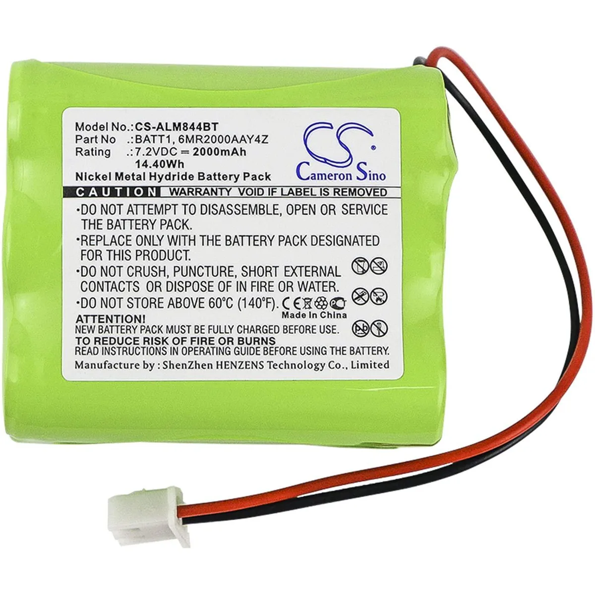 Rectangular lithium-ion battery pack, dark casing, wire connector visible