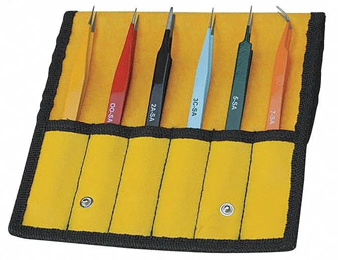 Six colour-coded stainless-steel tweezers, straight and curved tips, 5-inch length