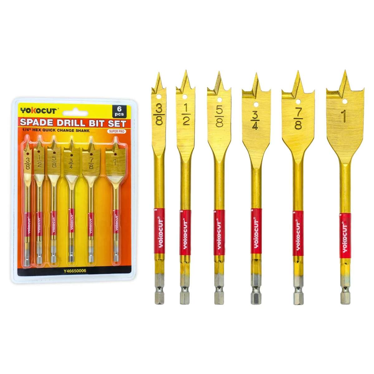 Six gold titanium-coated spade bits with hex shanks in clear blister pack