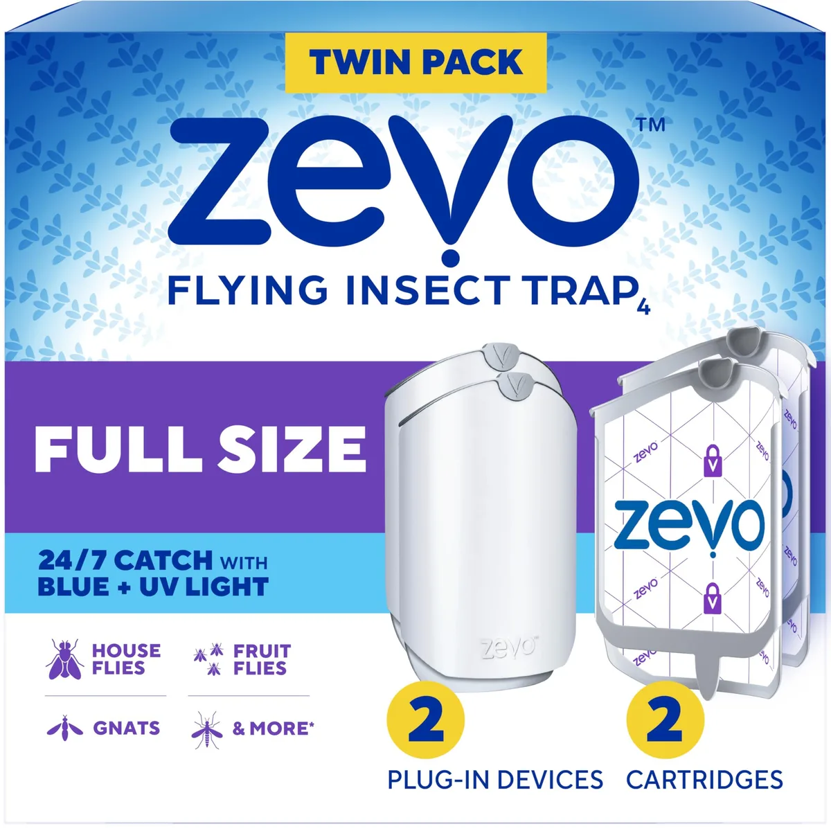 Two white plastic plug-in insect traps with cartridges inserted
