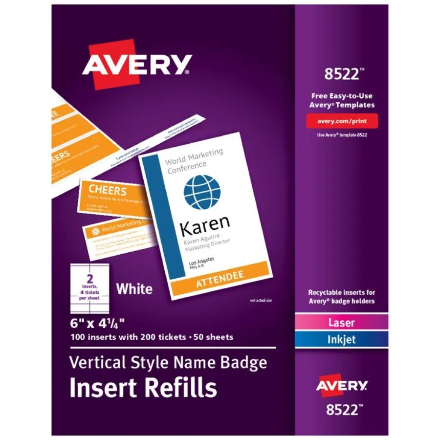 Avery Avery 8522 Vertical Name Badge Inserts White 100 Inserts 50 Sheets 8.5x11in — product photo