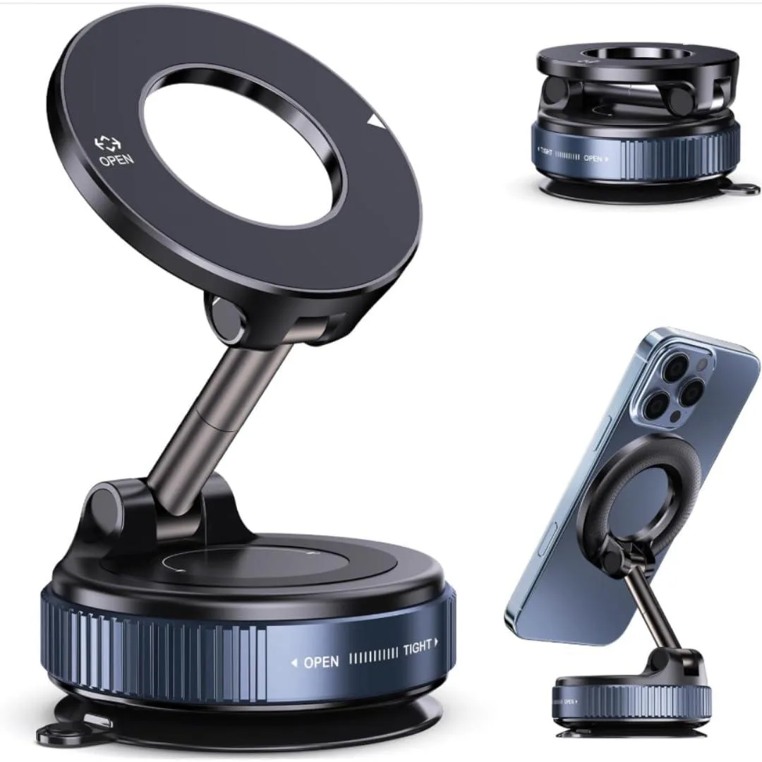 Compact vacuum suction phone mount with twist-lock base, MagSafe ring and 360-degree rotating arm