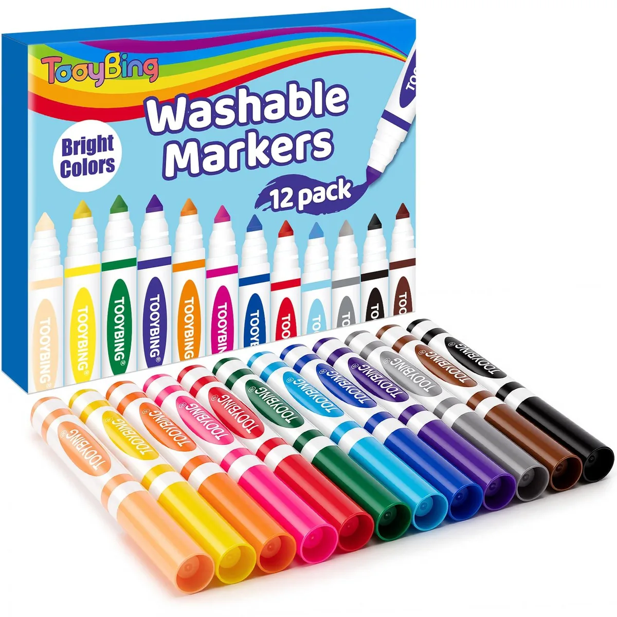 Box of 12 washable markers, conical tips, multicoloured