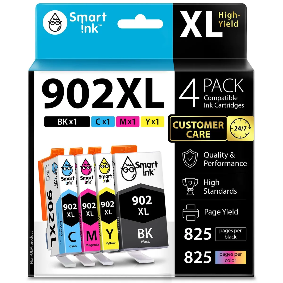 Four rectangular ink cartridges in black, cyan, magenta and yellow arranged in a row