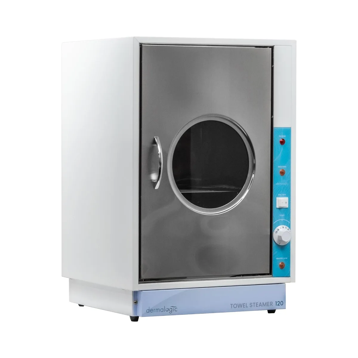 Rectangular stainless-steel towel steamer with clear window and three shelves