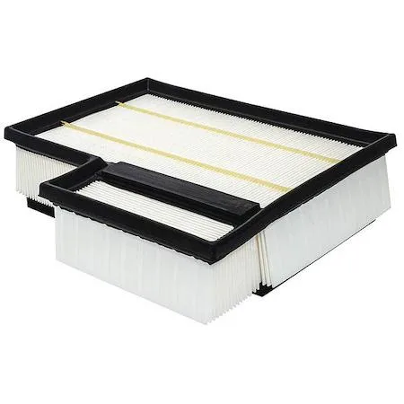 Rectangular automotive air filter panel element, pleated white filter media inside black frame