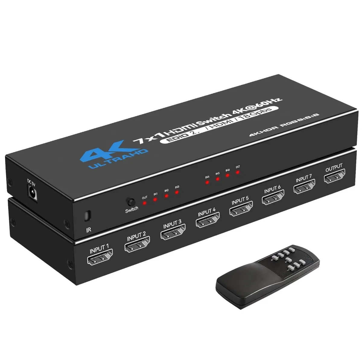 Small black box with seven HDMI inputs, one output, IR remote and USB power cable