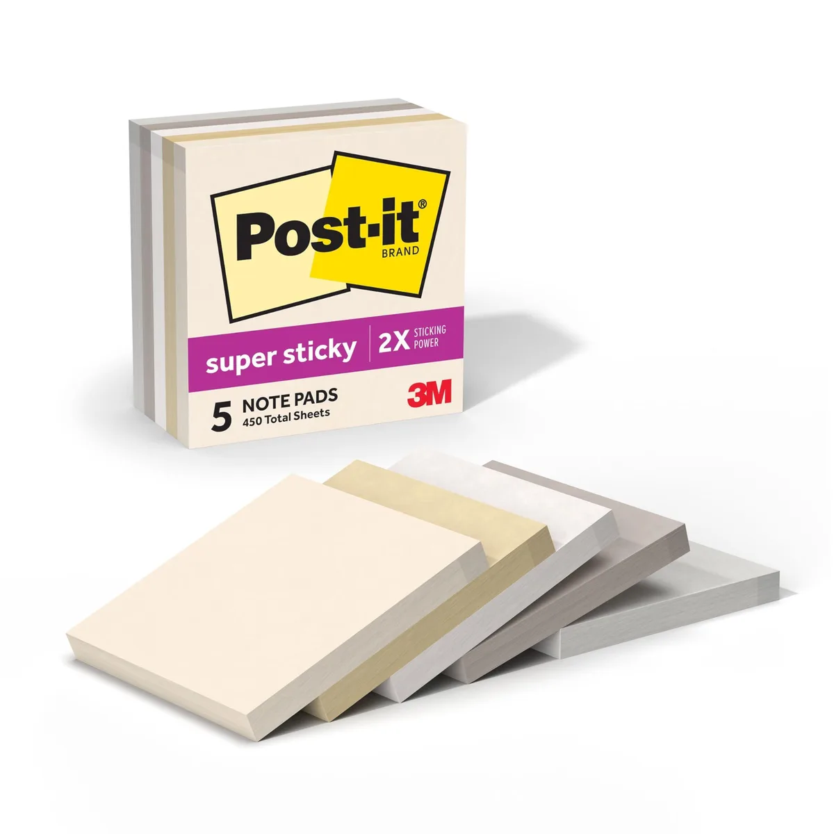 Five square pads of neutral-toned sticky notes, 3 by 3 inches, 90 sheets each