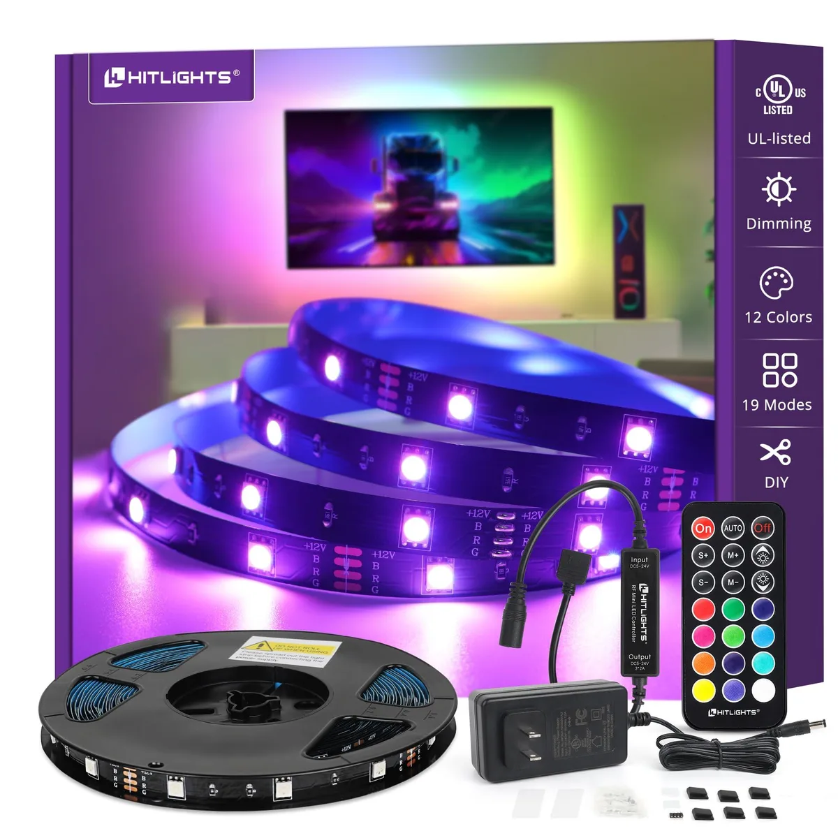 White flexible LED strip on reel with remote and power supply