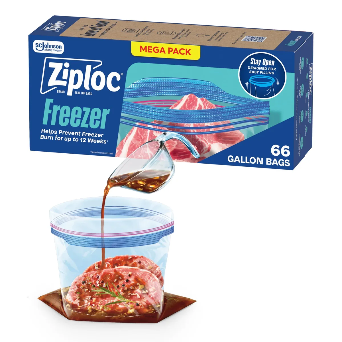 Pack of 66 beige plastic gallon freezer bags with stand-up bottom and zipper closure