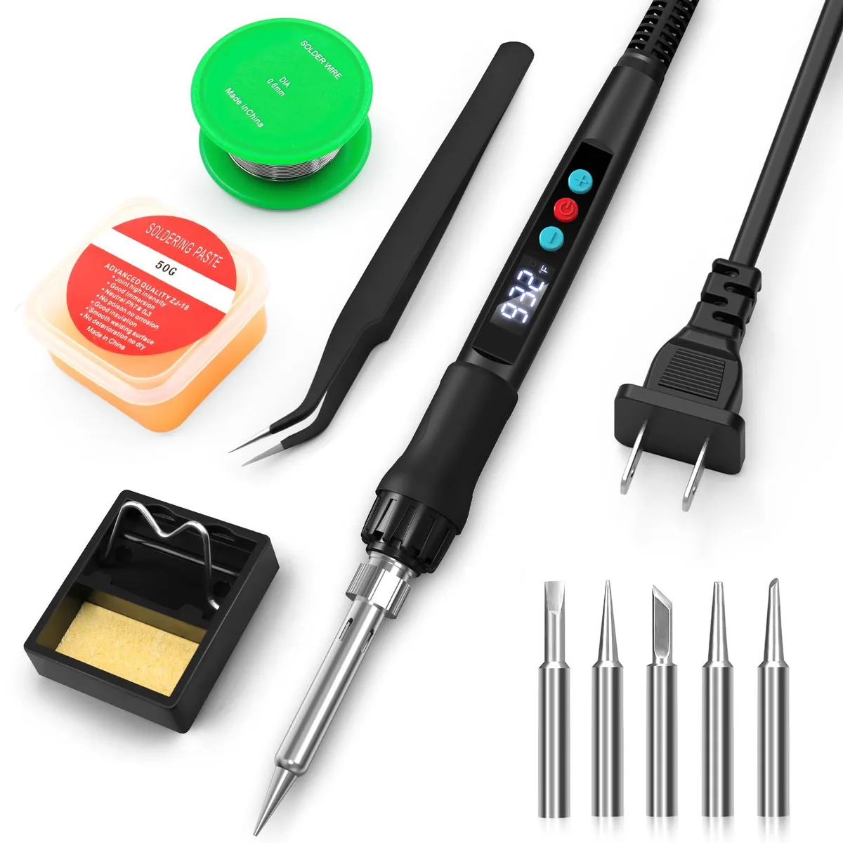 Black 100W soldering gun with LED display, ergonomic handle, stand and accessories
