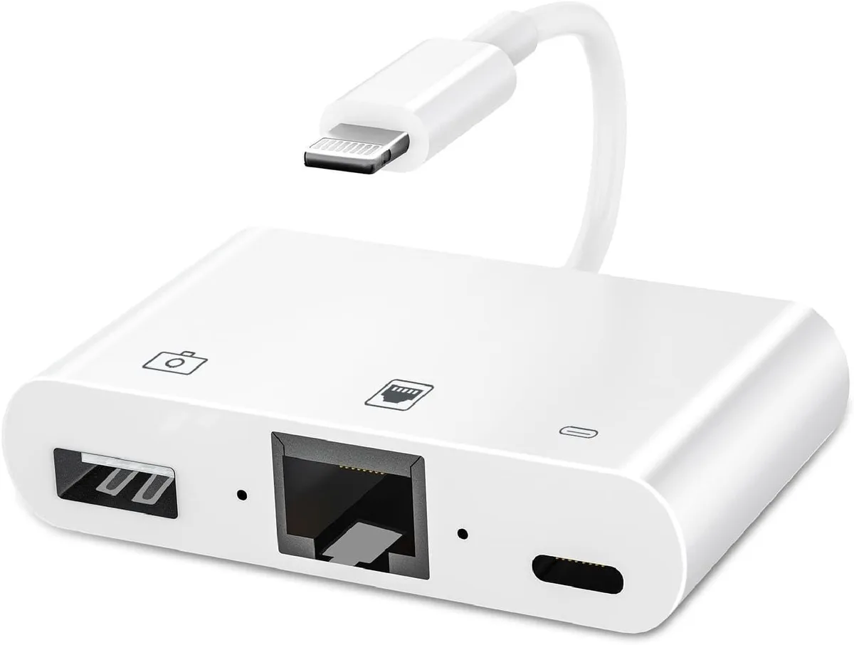 Compact white Lightning adapter with RJ45, USB 3.0 and charging ports
