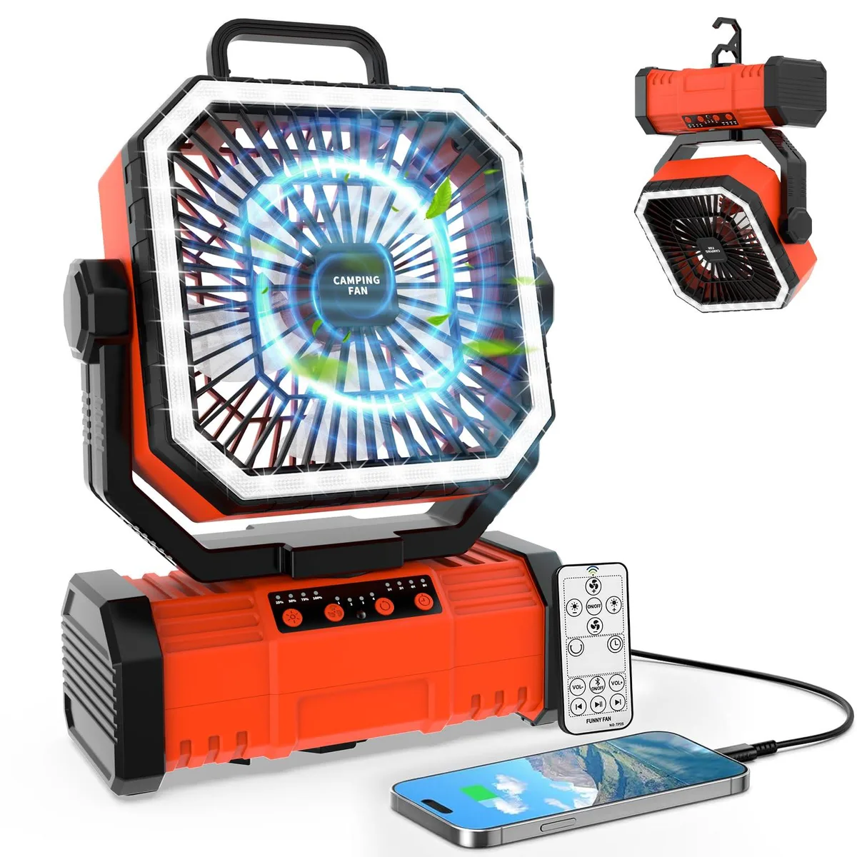Orange portable camping fan with silver five-blade rotor, built-in LED light ring, fold-out hook and remote control
