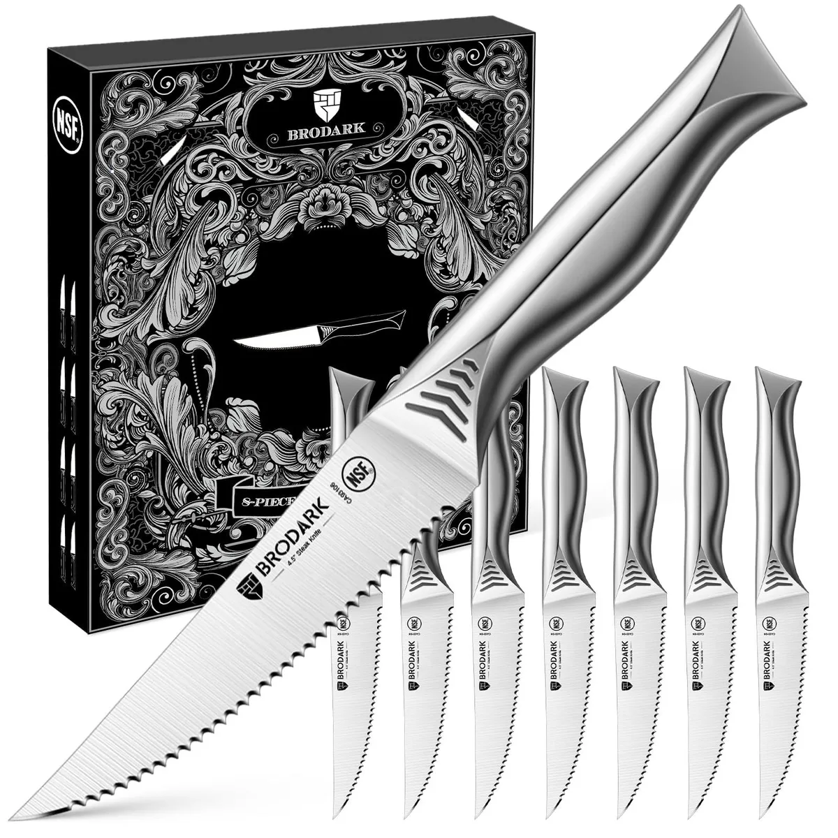24-piece steak knife set with black stainless steel handles and serrated blades