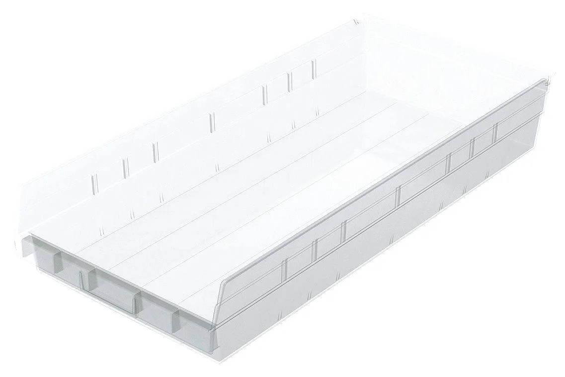 Clear plastic shelf storage bin, rectangular with open top, 23 5/8 in L x 11 1/8 in W x 4 in H