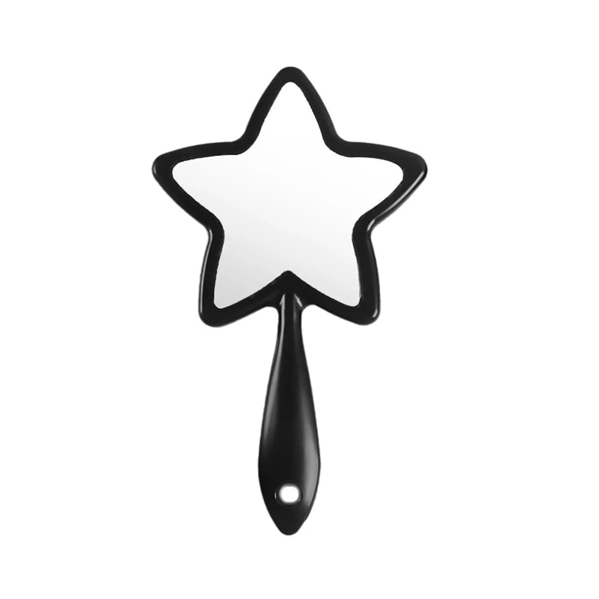 Black star-shaped handheld mirror with long handle, 14.5 by 24.5 cm