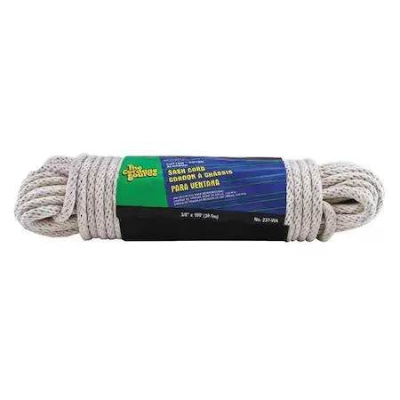 Coiled 3/8 inch utility rope in a hank, 100 feet of braided cotton with a hollow core, plain ends, natural off-white colour