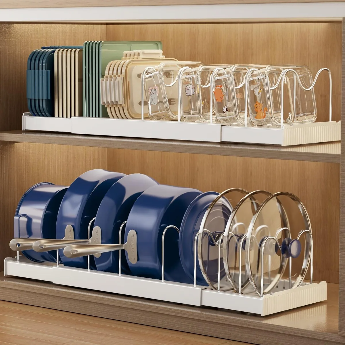 White expandable pot organizer with adjustable stainless steel dividers, two-tier design