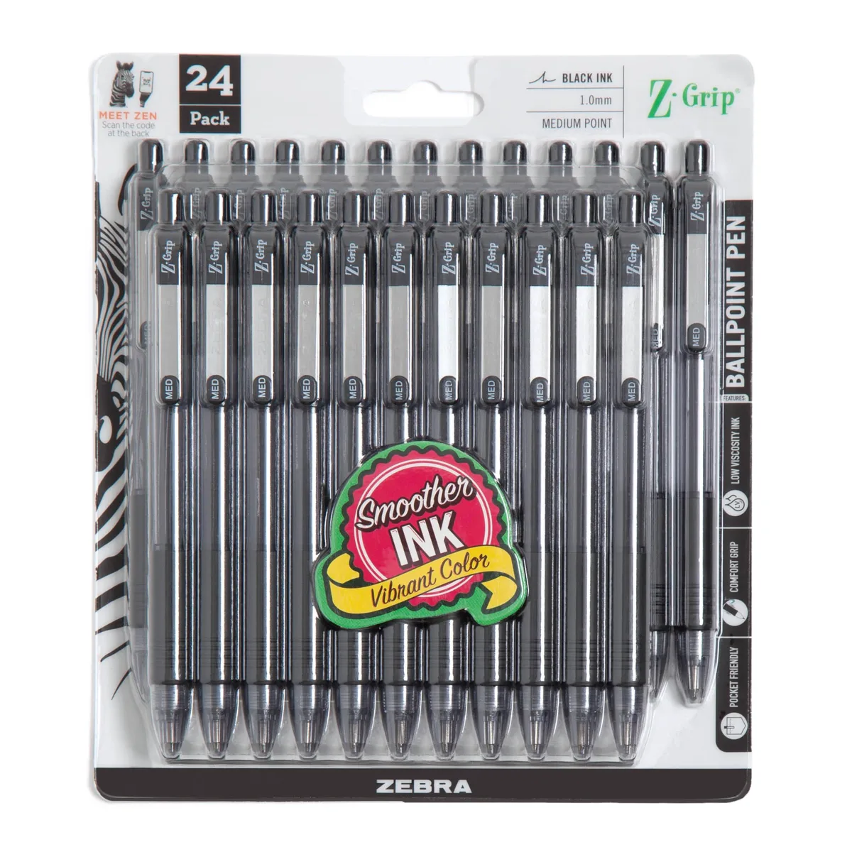 A clear plastic box holding twenty-four black retractable ballpoint pens with rubberised grips and metal clips