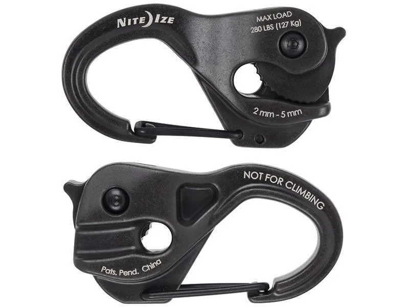 Black aluminium rope tightener, rectangular body with rounded edges