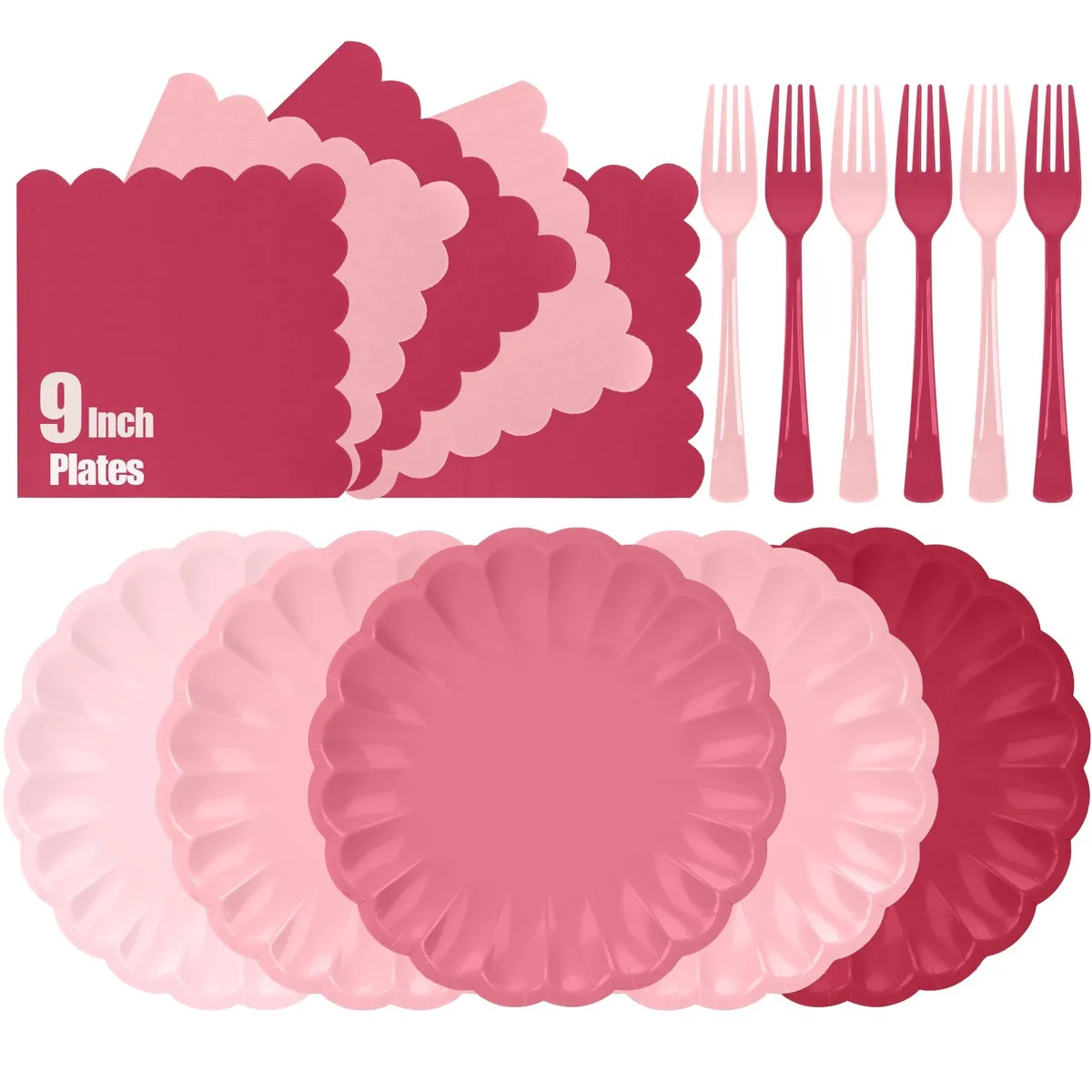 CENLBJ 96-Piece Pink Gradient Flatware Set — 32 Plates, 32 Napkins, 32 Forks — product photo
