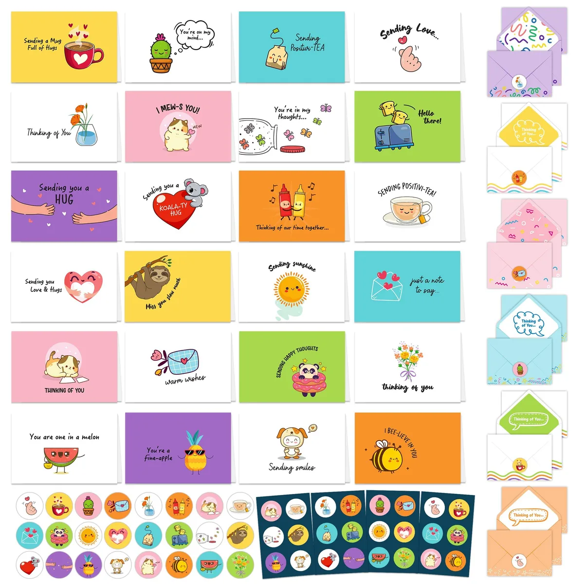A boxed set of 24 assorted 6x4in greeting cards with envelopes and stickers