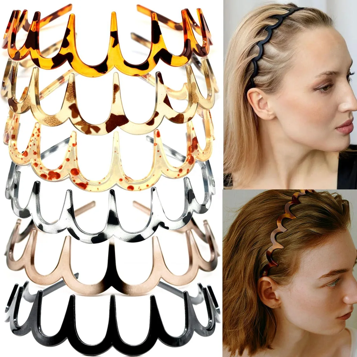  6 PCS Zig Zag Headbands Plastic Tortoiseshell Amber — product photo