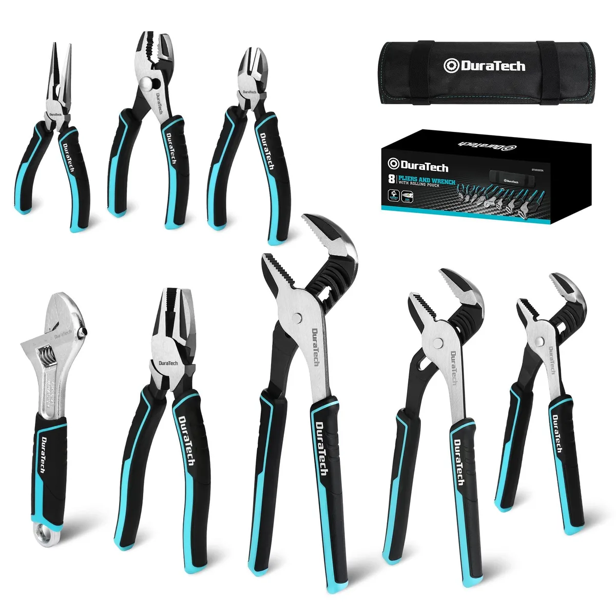 Blue 8-piece hand rivet nut setter kit with steel handles and reinforced neoprene strap in rolling pouch
