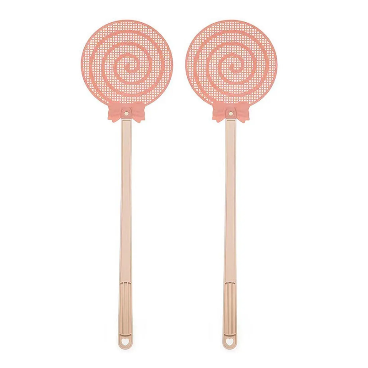 Two pink plastic fly swatters with mesh heads and hanging holes