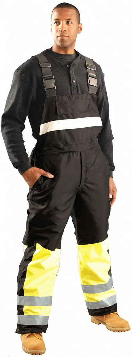 Yellow hi-vis rain bib overall with zippered storm flaps and reflective strips