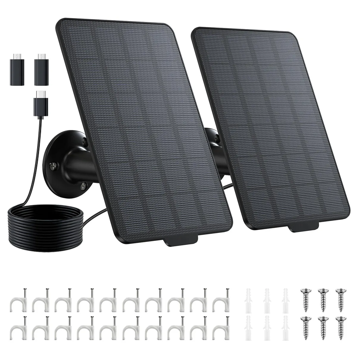 Two black rectangular solar panels with adjustable mounts and long cables