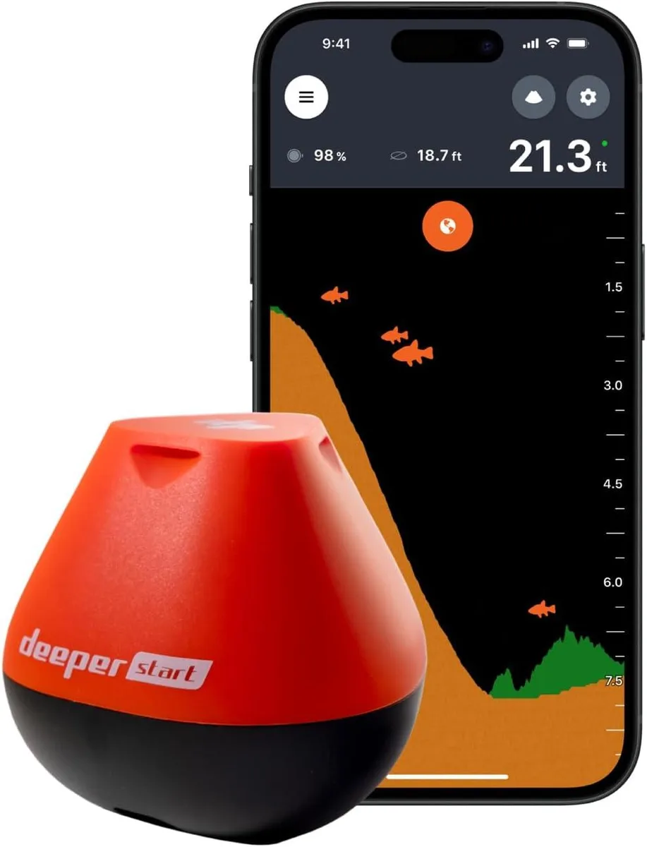 Small spherical fish finder in yellow and white with 40° sonar beam, casts 165ft, charges in 2.5 hours