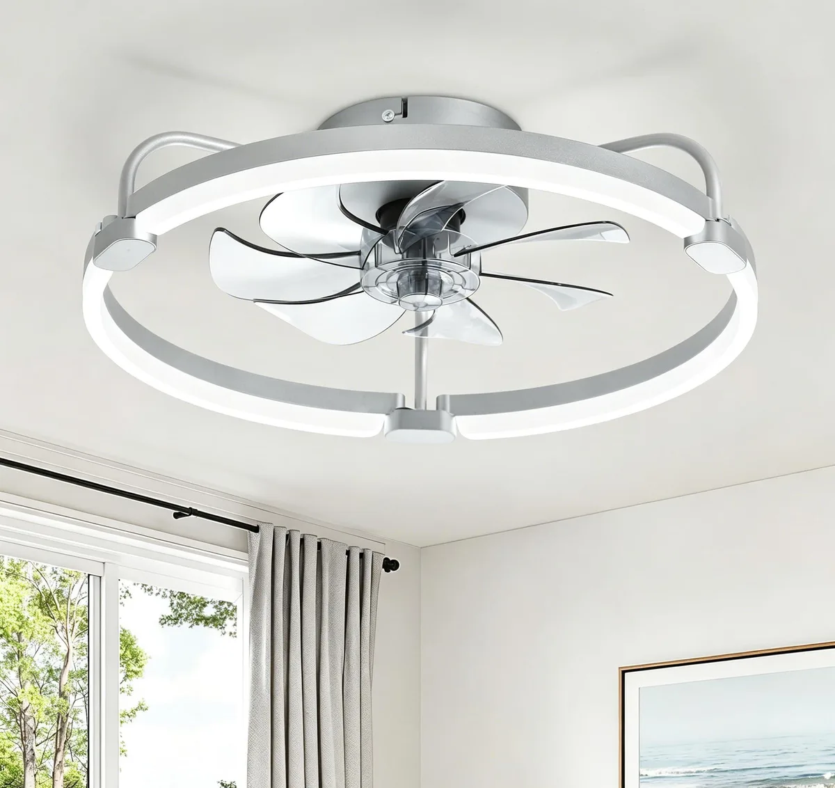 Grey low-profile ceiling fan with integrated LED light, matte black blades, flush-mount design, remote included