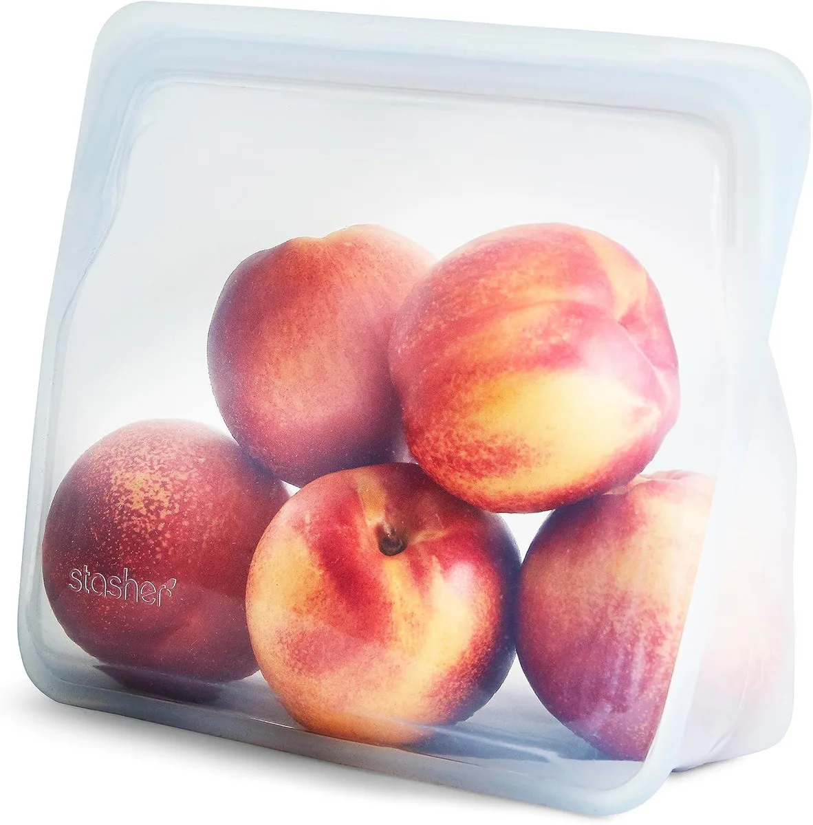 Red silicone stand-up food storage bag with Pinch-Loc seal