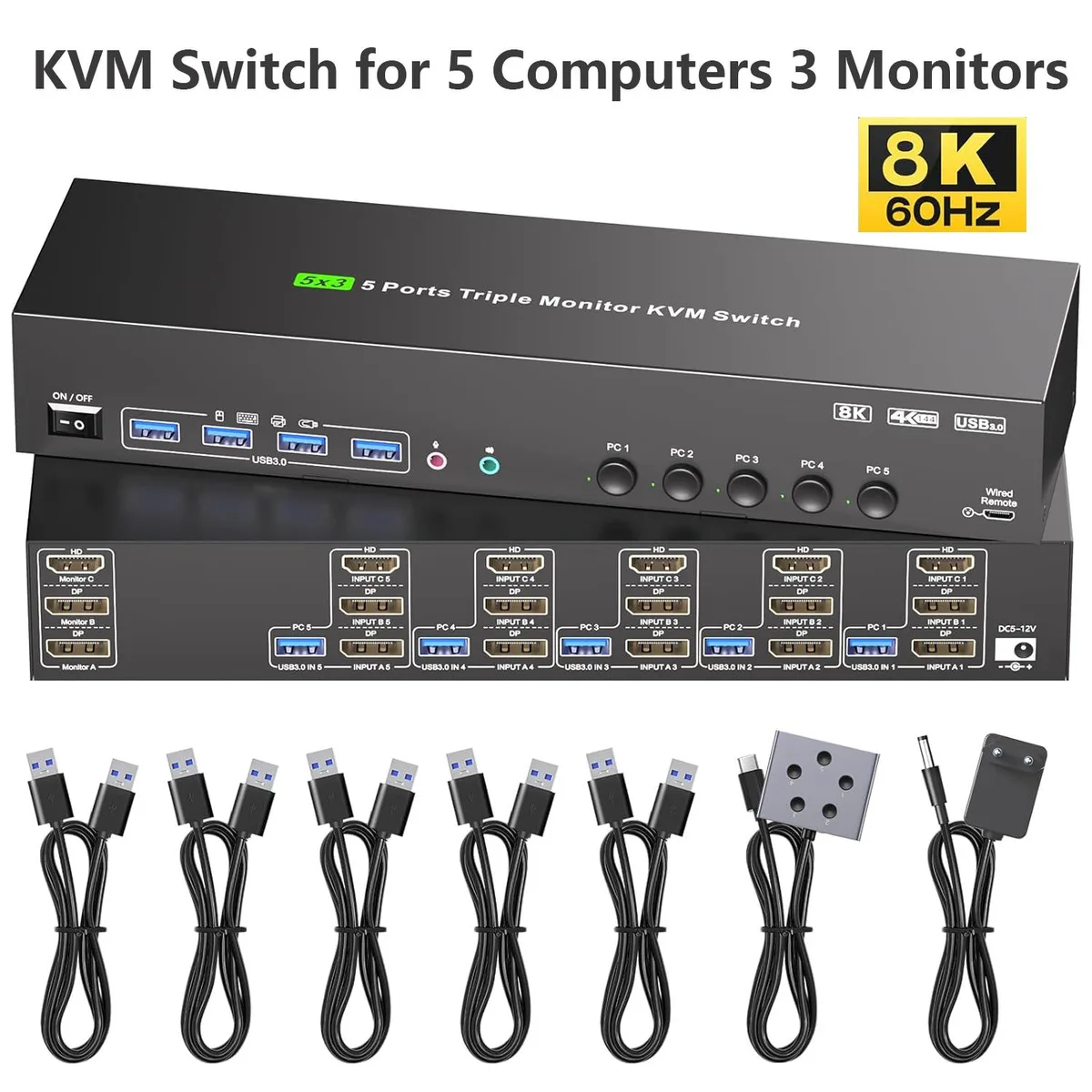 AUTYUE AUTYUE KVM Switch 5 Computers 3 Monitors HDMI + 2 DisplayPort 8K@30Hz/4K@144Hz Wired Remote — product photo