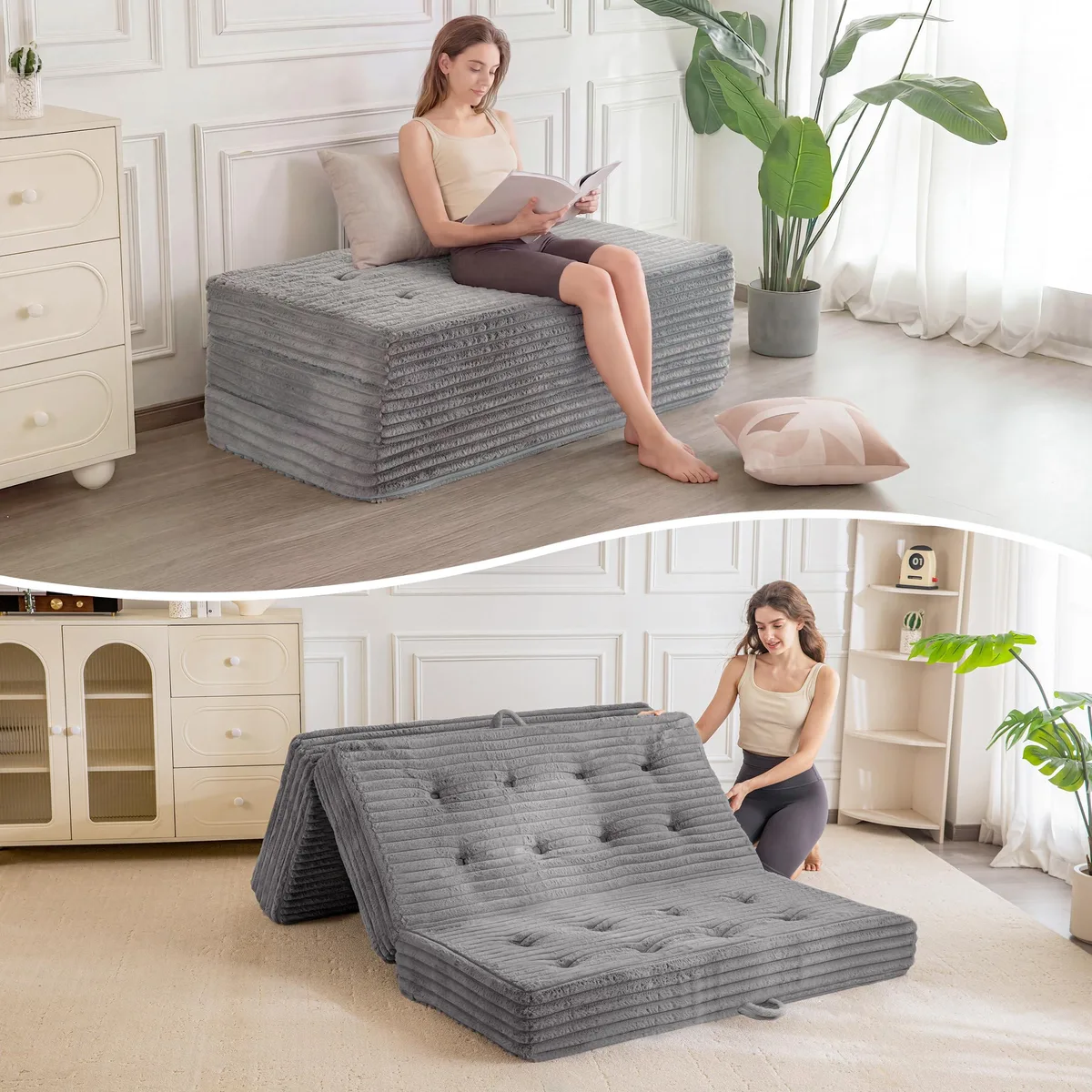 Grey faux-fur tri-fold floor sofa bed, rectangular, 6 inches thick with side handles