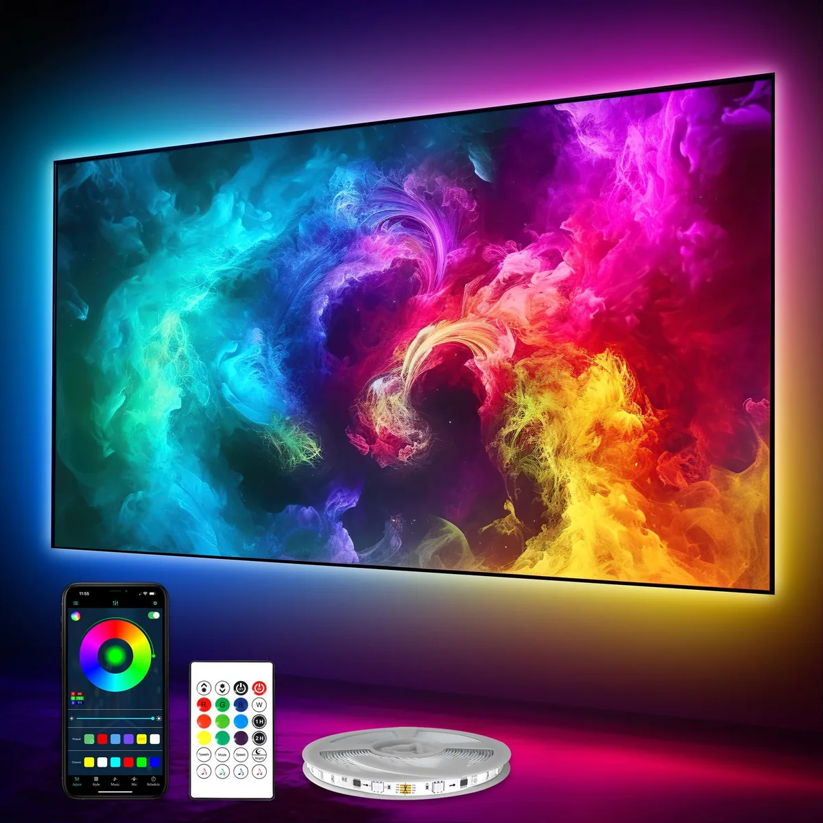 White 10ft LED strip kit with controller, USB cable and 24-key remote