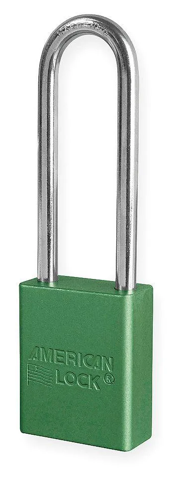 Green anodized aluminum padlock with extended boron alloy shackle