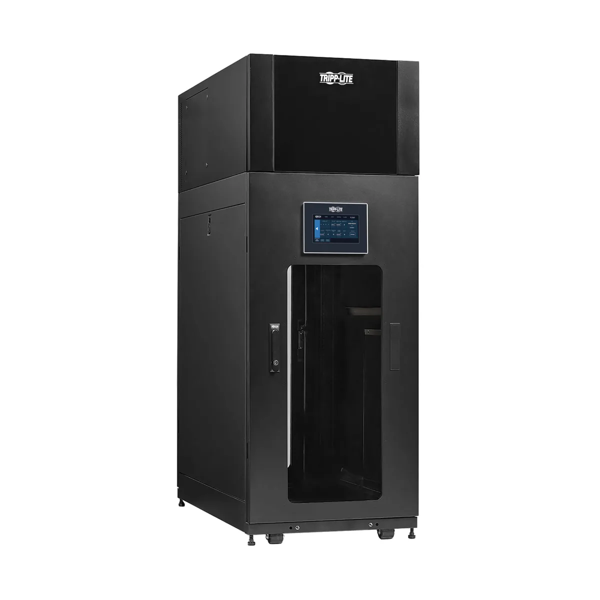 Black 33U server rack cabinet with top-mounted air conditioner unit, front plexiglass doors, side panels, casters