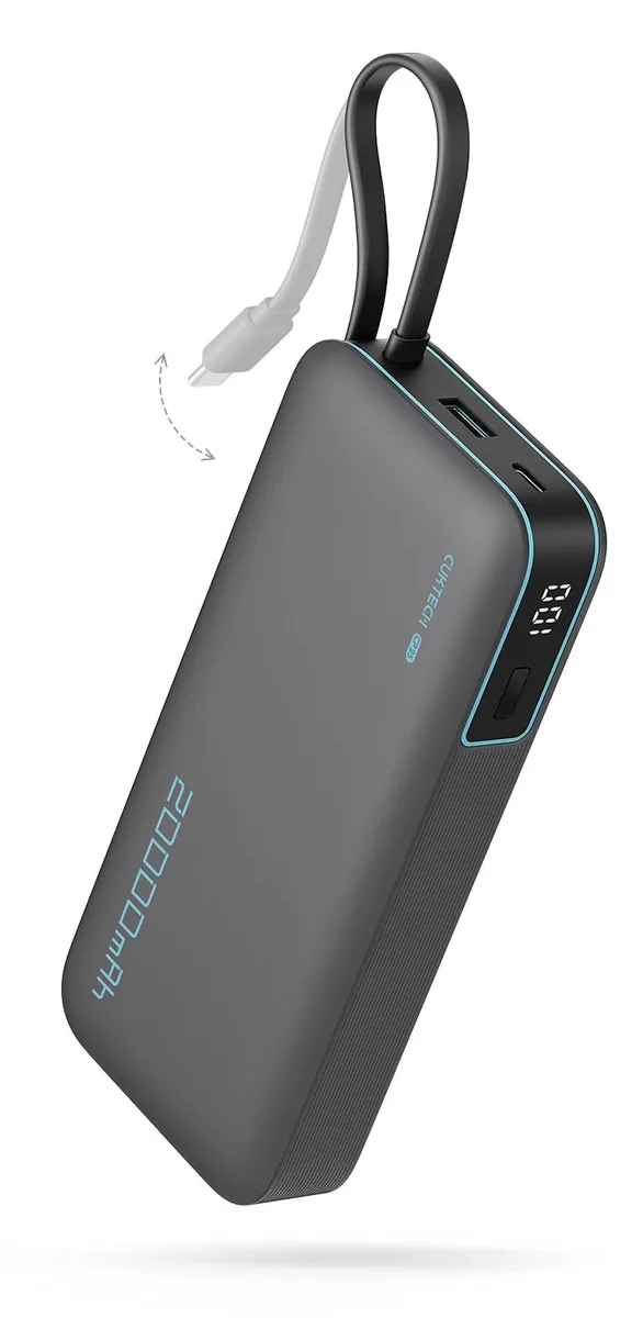 Rectangular black power bank with built-in USB-C cable loop, matte finish, LED display visible