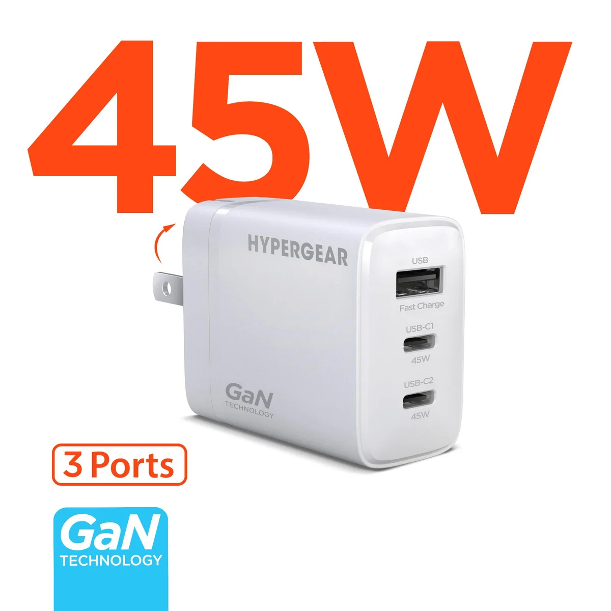 HyperGear HyperGear SpeedBoost 45W Tri-Port GaN Wall Charger White — product photo