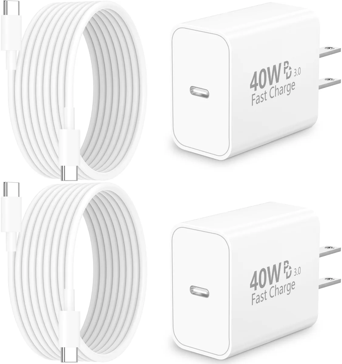 Two compact white USB-C wall chargers with matching six-foot white cables